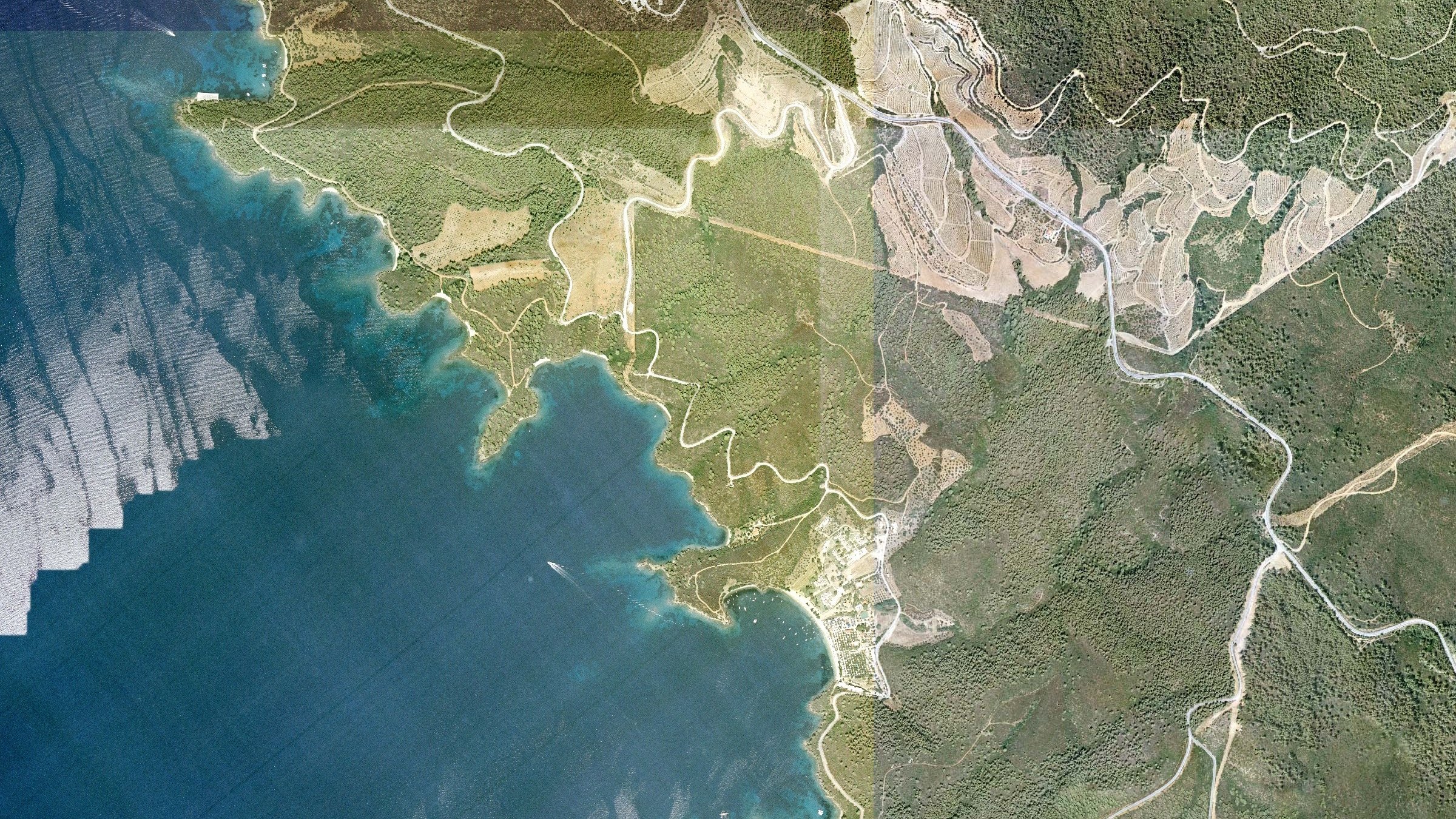 Aerial survey view of the Agia Kyriaki bay and coastline
